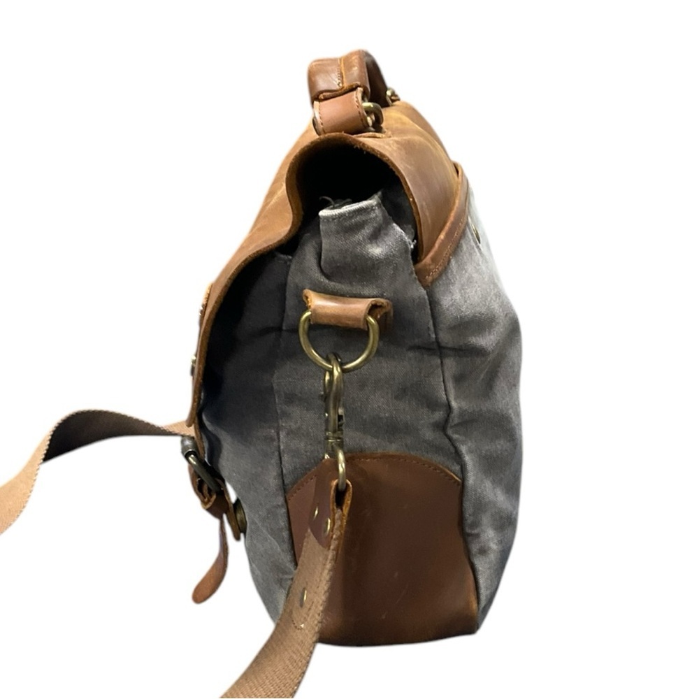 Mens Waxed Canvas Leather Messenger Bag Gray Brown Briefcase Satchel Crossbody - Picture 4 of 9